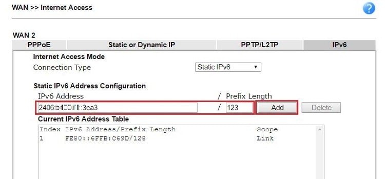 Thêm địa chỉ IPv6 trên giao diện WAN của bộ định tuyến Vigor