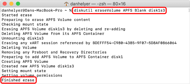 Terminal Terminalutil hiển thị lệnh eraseVolume