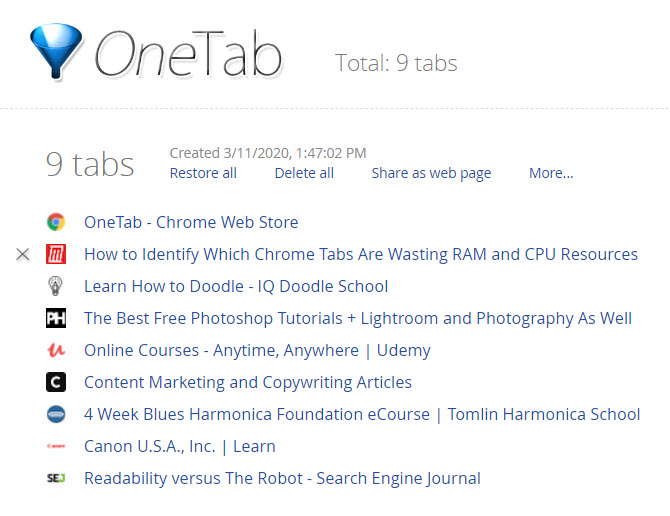 Tiện ích mở rộng OneTab Chrome