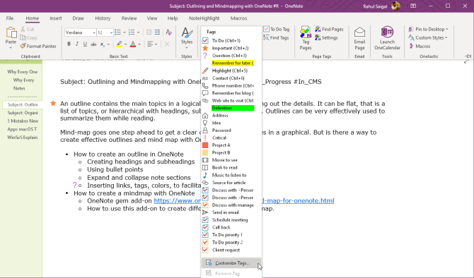 nhấp vào tùy chỉnh thẻ để sửa đổi thẻ trong OneNote 2016