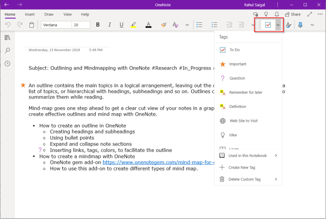 sử dụng thẻ trong OneNote cho Windows 10