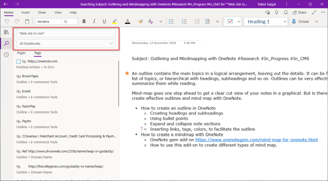 tìm kiếm ghi chú được gắn thẻ của bạn trong ứng dụng OneNote