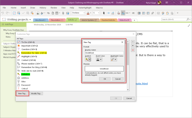 tạo thẻ tùy chỉnh trong OneNote 2016