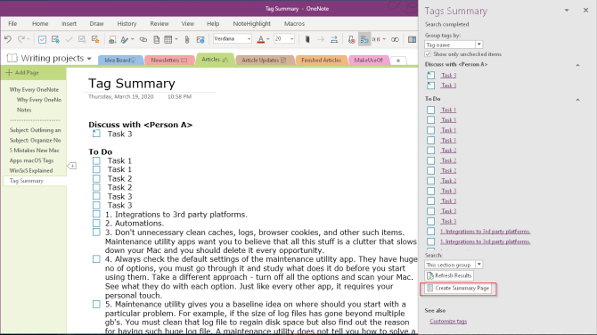 tạo trang tóm tắt thẻ trong OneNote 2016