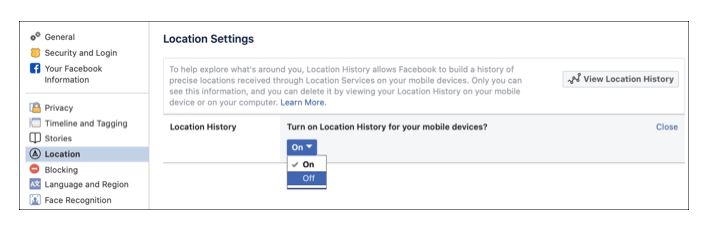 Facebook Tắt web Lịch sử vị trí