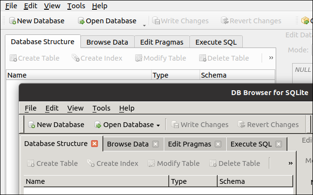 Hai phiên bản DB Browser cho SQLite chạy trong Gnome.