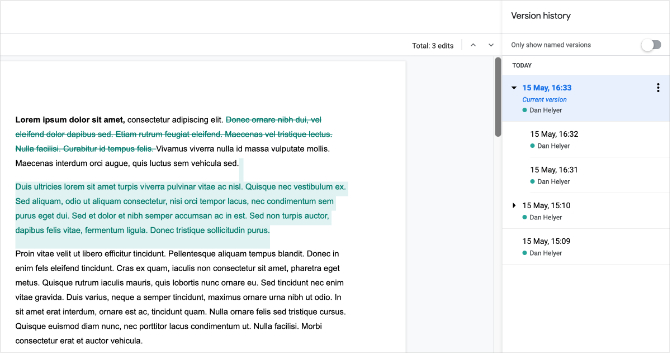 Lịch sử phiên bản Google Docs hiển thị các chỉnh sửa màu