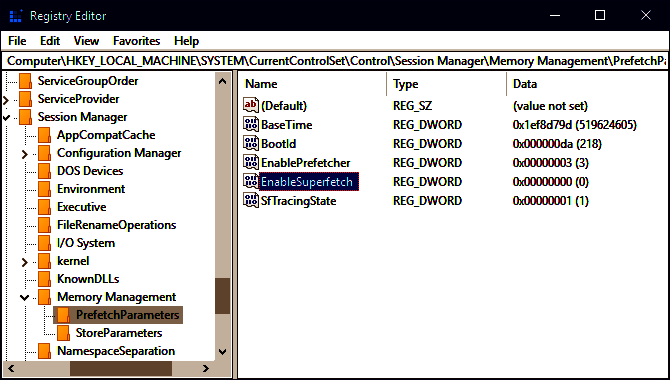 Windows Registry Editor EnableSuperfetch