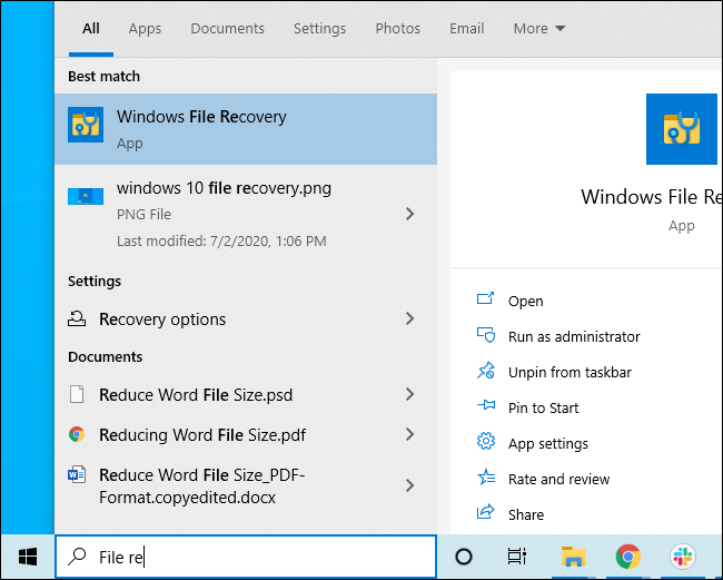 Khởi chạy Windows File Recovery từ menu Start